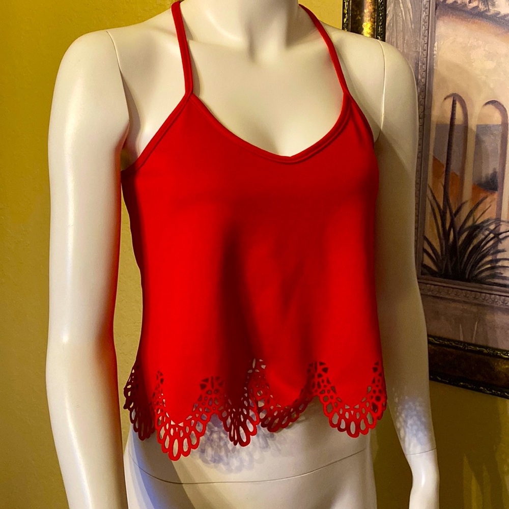 SOLD OUT: Charlotte Russo cherry red laser cut crop top Size M